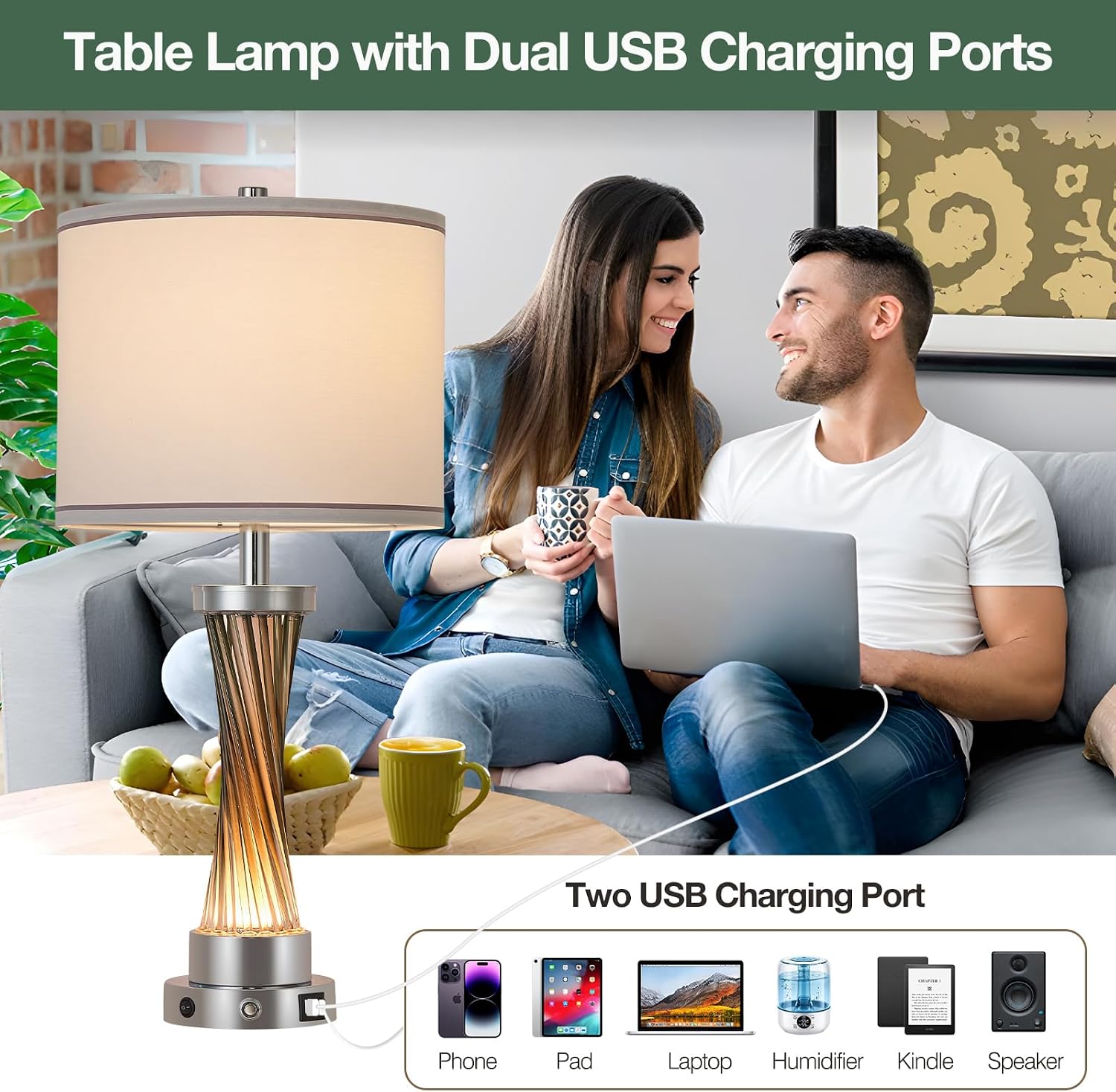 3-Way Dimmable Table Lamp Set of 2,Touch Control Lamp with Night Light,Modern Crystal Table Lamps for Bedroom,Living Room，Bedside Lamps with USB A+C Ports，Fabric Lampshade(Blubs Included)