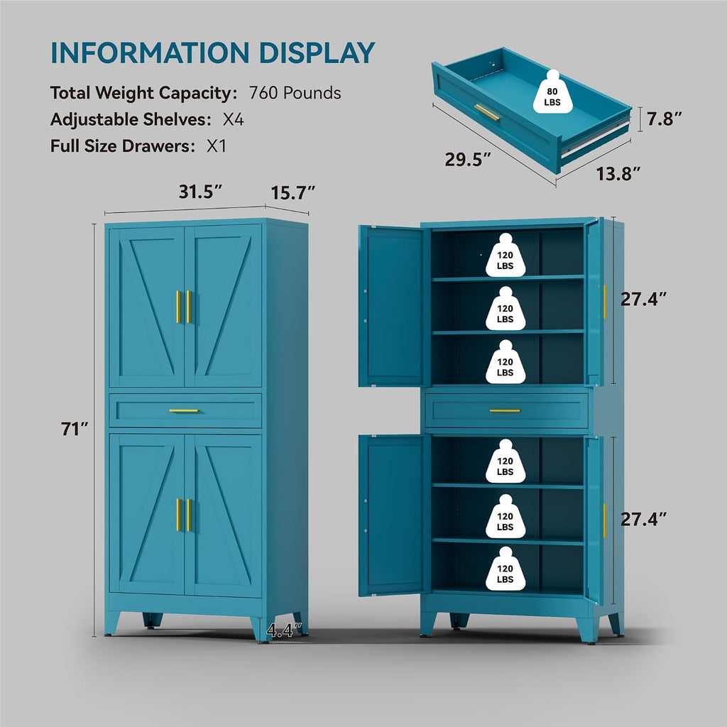 71' Tall Farmhouse Pantry Cabinet,Metal Cabinet with Adjustable Shelves and Doors,Storage Cabinet for Kitchen Garage,Blue 1 Pack