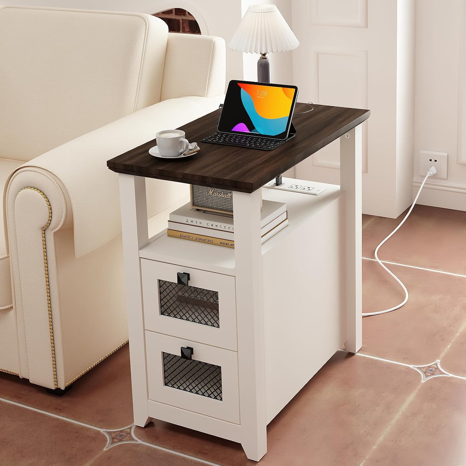 HDDDZSW Farmhouse XXL End Table with Charging Station, Narrow Side Table with USB Ports and Outlets, Nightstand with 2 Drawers Storage, Bedside Tables for Living Room, Bedroom, Rustic Walnut White