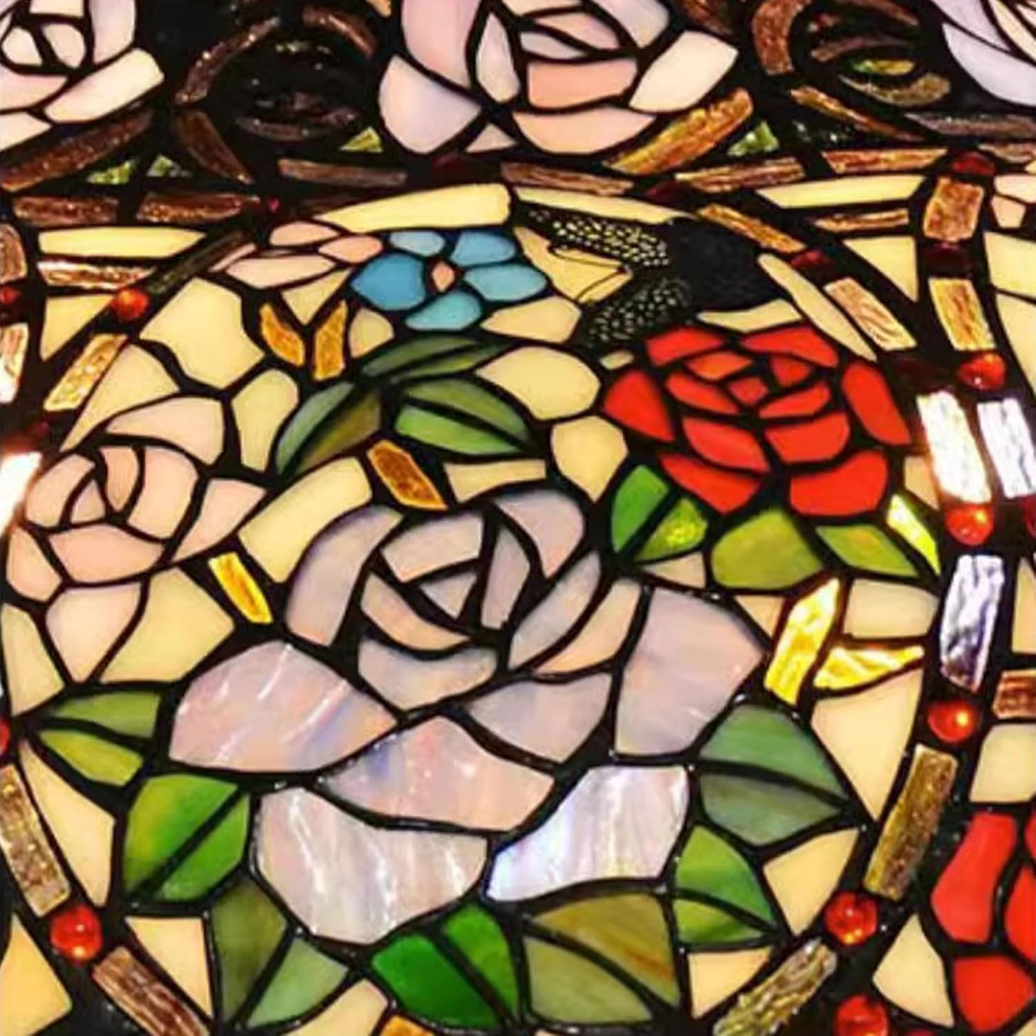 Tiffany Style Traditional Handmade 22 Inch Wide Rose Flower Design Stained Glass Lampshade Replacement Only Retro Red Blue Pink Floral Light Cover Accessories for Table Lamp Pendant Light