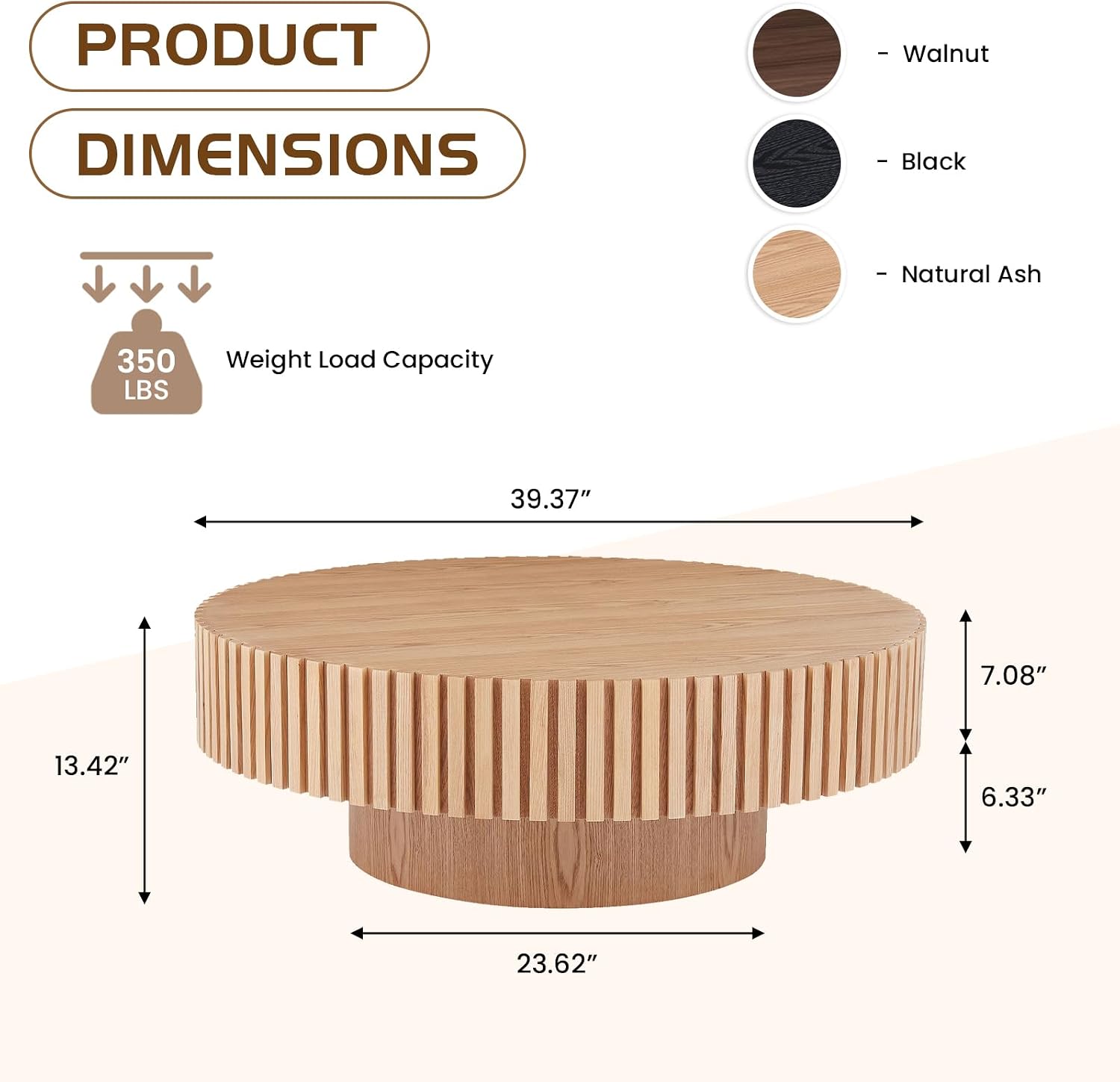 39.4' Oak Round Coffee Table Wood, Modern Drum Fluted Circle Coffee Table for Living Room, Contemporary Low Center Table Side Table for Apartment, Farmhouse, Office, mesa de Cafe, Natural Ash