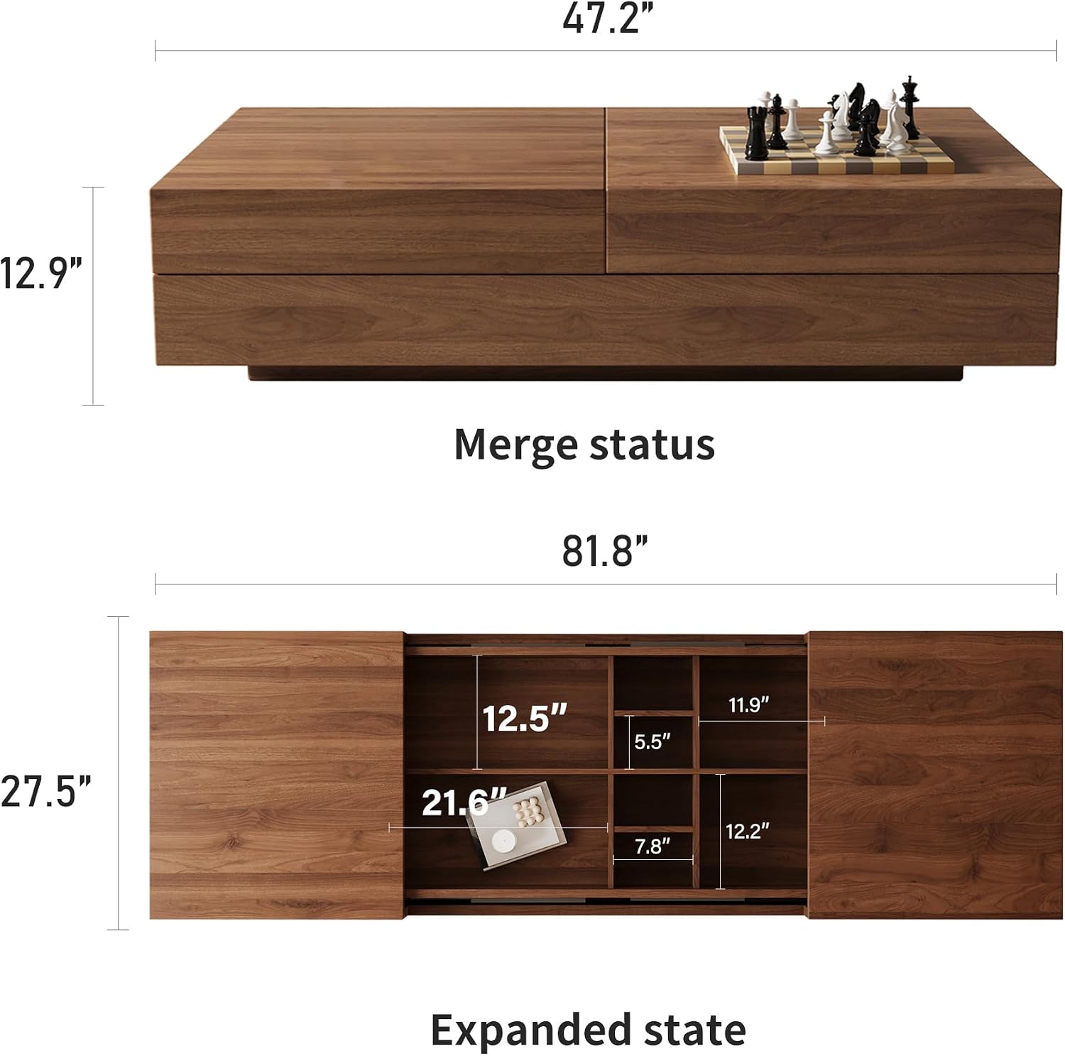 Mid-Century Modern Farmhouse 47.2-81.8' Expandable Coffee Table，Adjustable Center Table with Large Storage for Living Room, Walnut