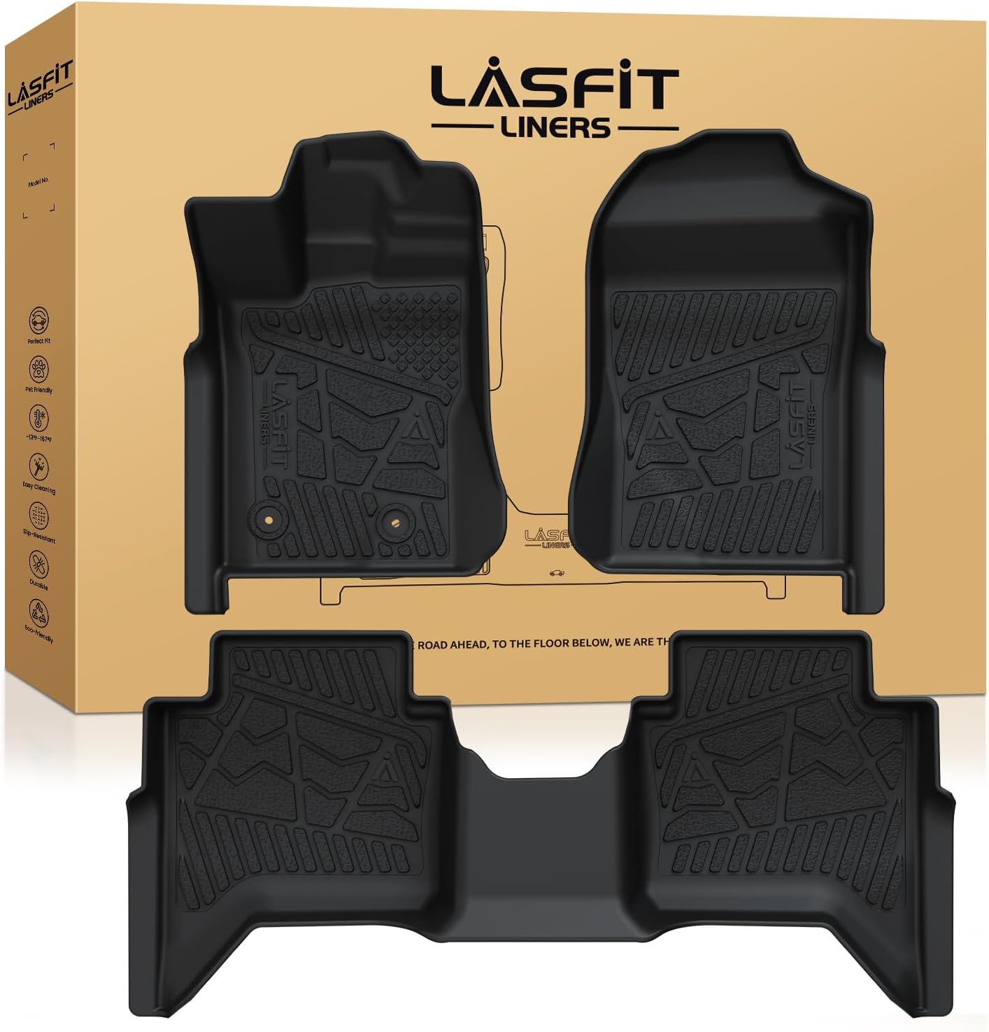 LASFIT Floor Mats for Ford Ranger 2026 2025 2024 SuperCrew Cab All Weather Truck Protector TPE Carpeted Floor Liners, Front and Rear Row, 3pc Black
