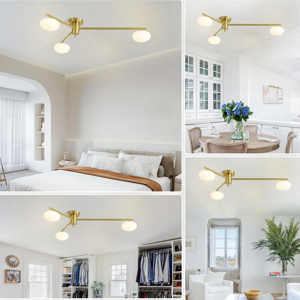3-Light Gold Sputnik Ceiling Light Fixture,with Opal Glass Shade | low ceiling gold chandelier, dining room bedroom foyer, warm ambient lighting, easy DIY install, mid-century style