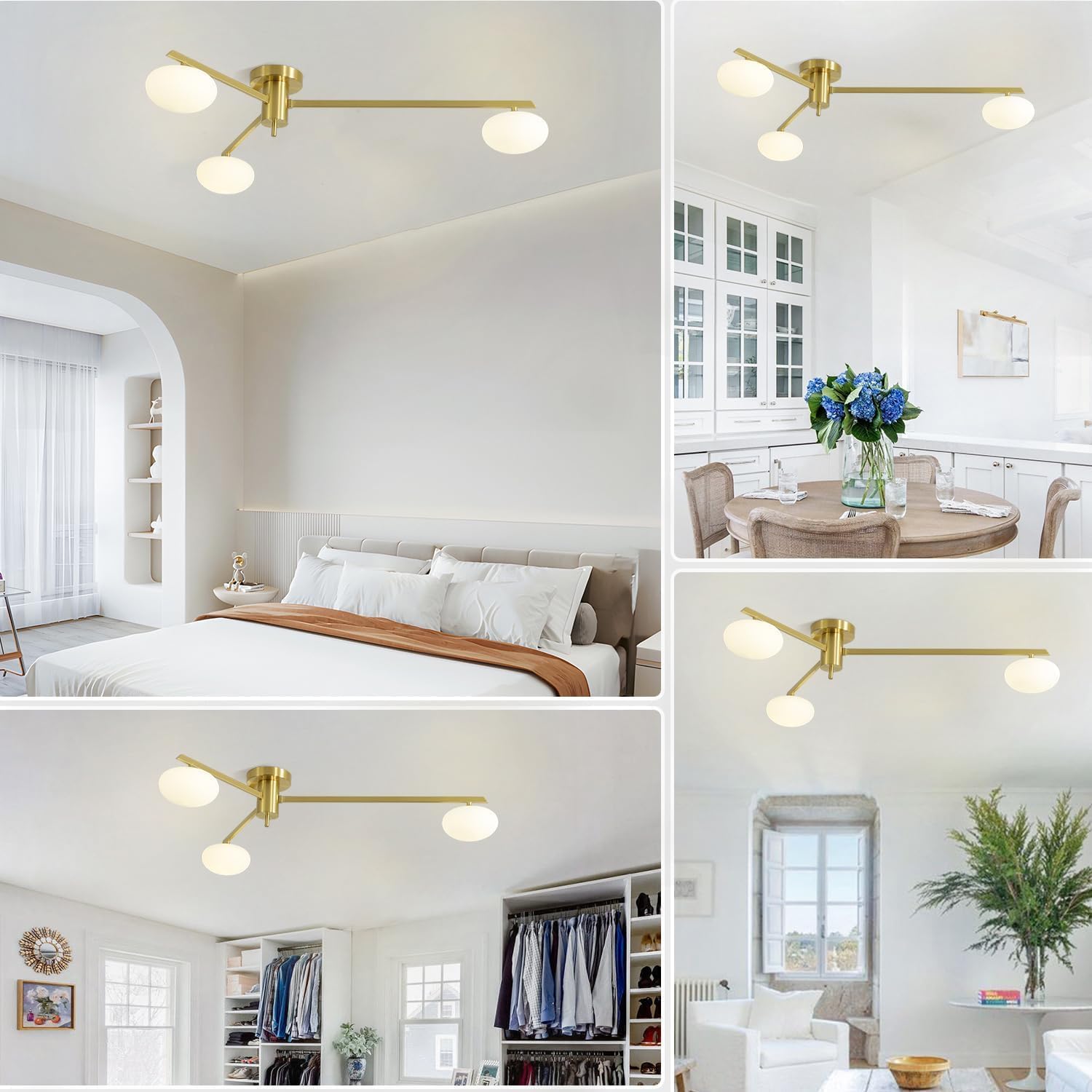 3-Light Gold Sputnik Ceiling Light Fixture,with Opal Glass Shade | low ceiling gold chandelier, dining room bedroom foyer, warm ambient lighting, easy DIY install, mid-century style