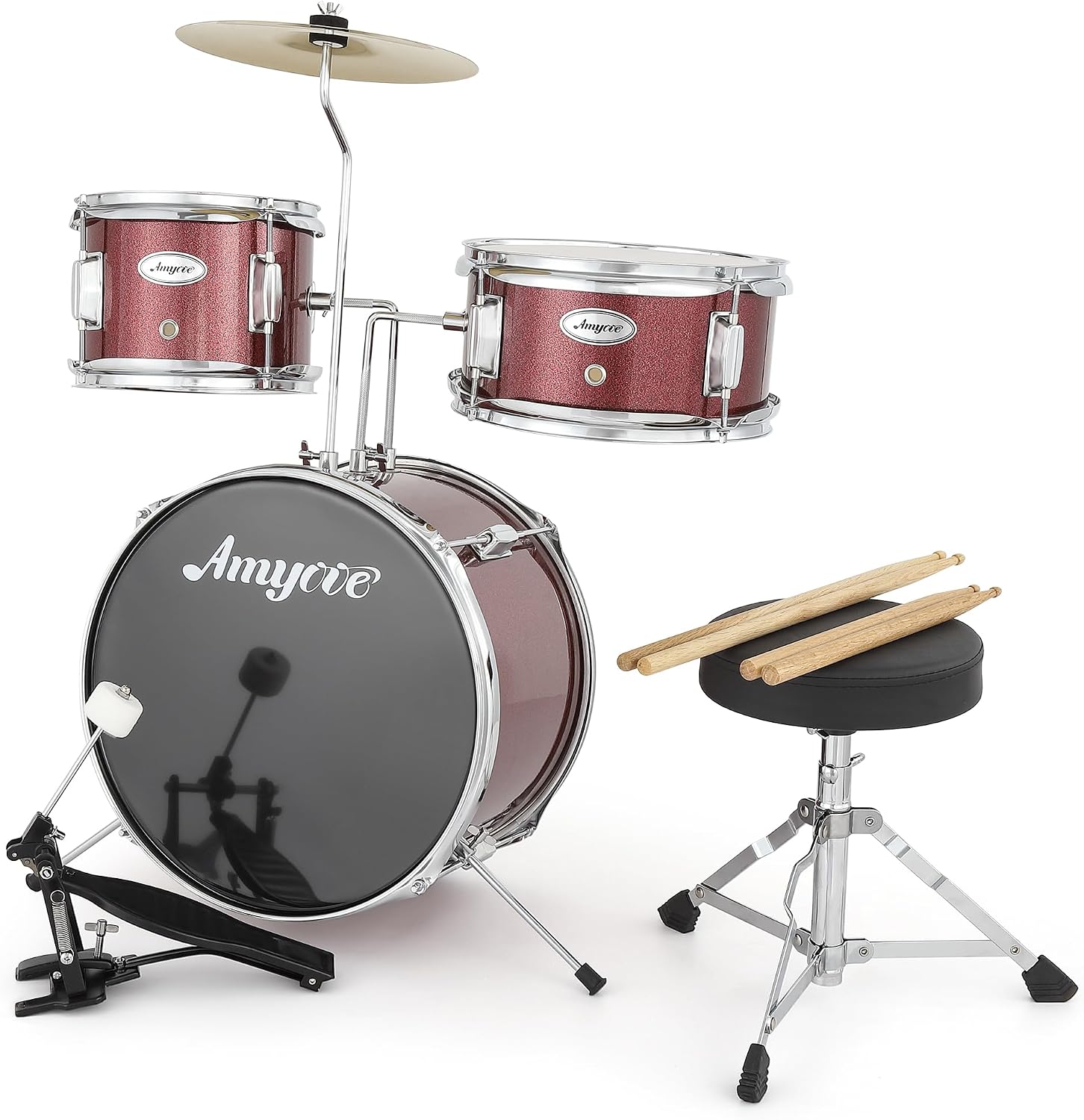 3-Piece Beginner Drum Set, Beginner Drum Set,with Bass Tom Snare Drum, 14 Inch Drum Kit with Snare, Cymbal, Drumsticks, Adjustable Seat (Red)