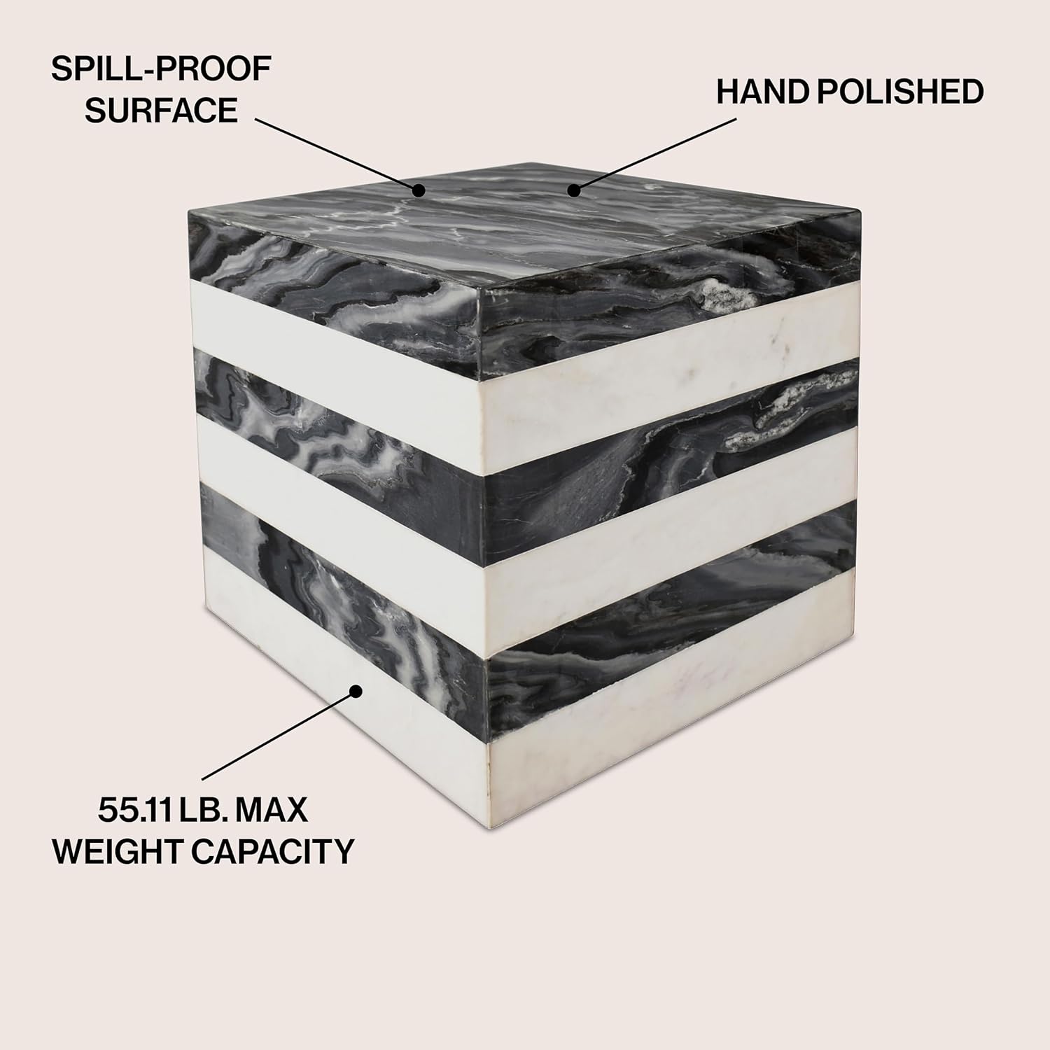 JONATHAN Y MTB1101B Felix 15.5' Contemporary Natural Marble Handmade Cube End Table, Side Table for Living Room, Bedroom, Bathroom, Black/White