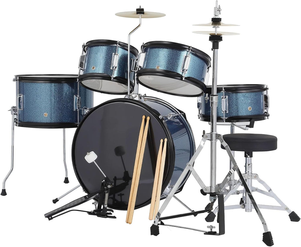 Drum Set for Children, 5 Drum Acoustic Drum Set, Metal and Wood Construction, Blue Color, for Music Learning, Home Practice and Creative Play
