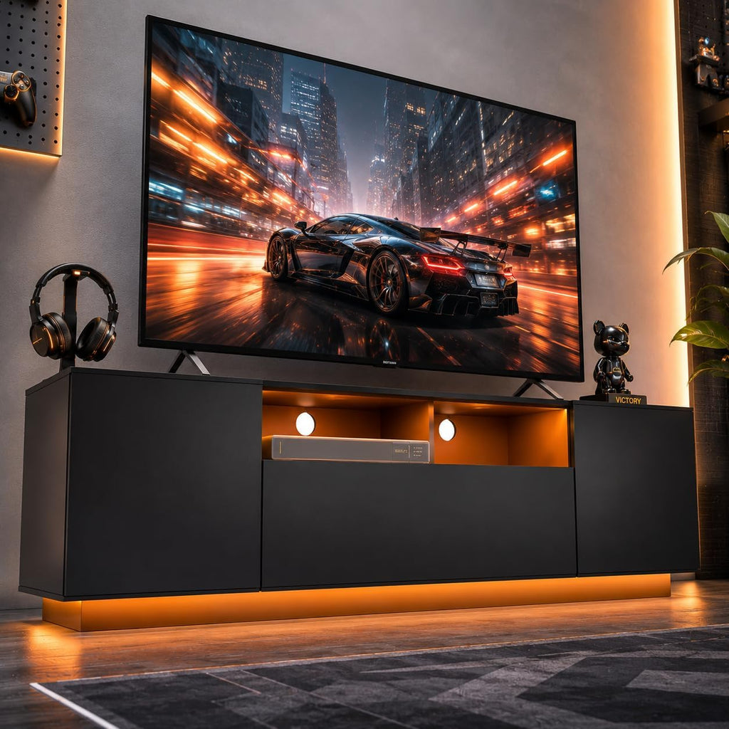WLIVE LED TV Stand for 55/60/65 Inch TVs, Modern Entertainment Center with Storage Cabinets and Drawer, Gaming Media TV Console with RGB Lights for Living Room, Black