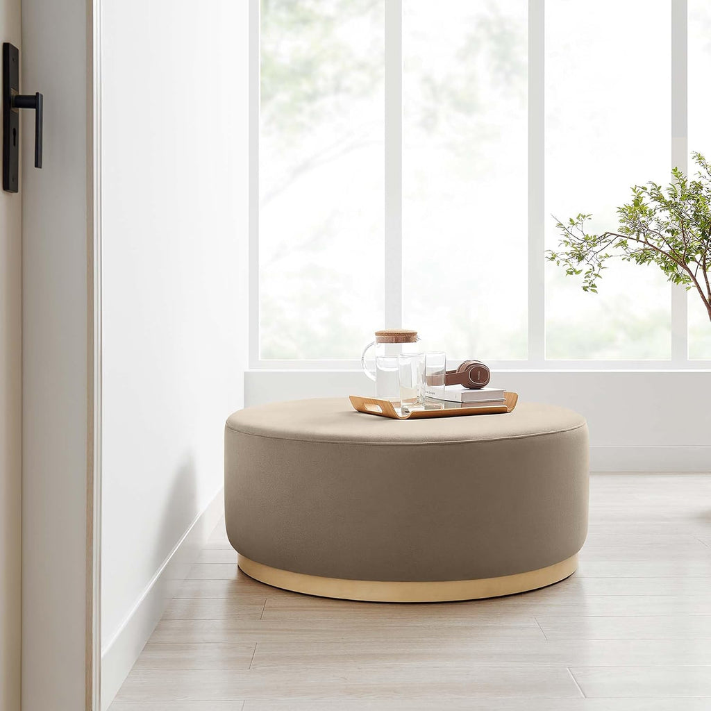 Modway Tilden 38 Inch Round Performance Velvet Upholstered Ottoman in Taupe Natural - Round Ottoman Coffee Table for Living Room, Large Ottoman Foot Rest with Rubberwood Plinth Base