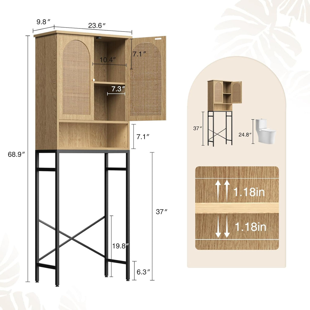 FiveWillowise Rattan Toilet Storage Cabinet, Over The Rack Wood Cabinet with Metal Stand, Bathroom Organizer with Adjustable Shelf, Tall Freestanding Washer Shelf, Small Cupboard, Natural