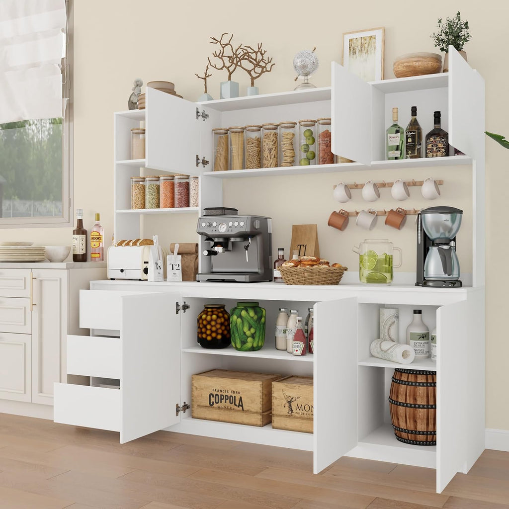 Bobve Large Kitchen Hutch Cabinet with Microwave Stand, Storage Cupboard Pantry with 3-Tier External Shelves and 3 Drawers, Ktichen Food Pantry with Open Countertop for Dining Room, White