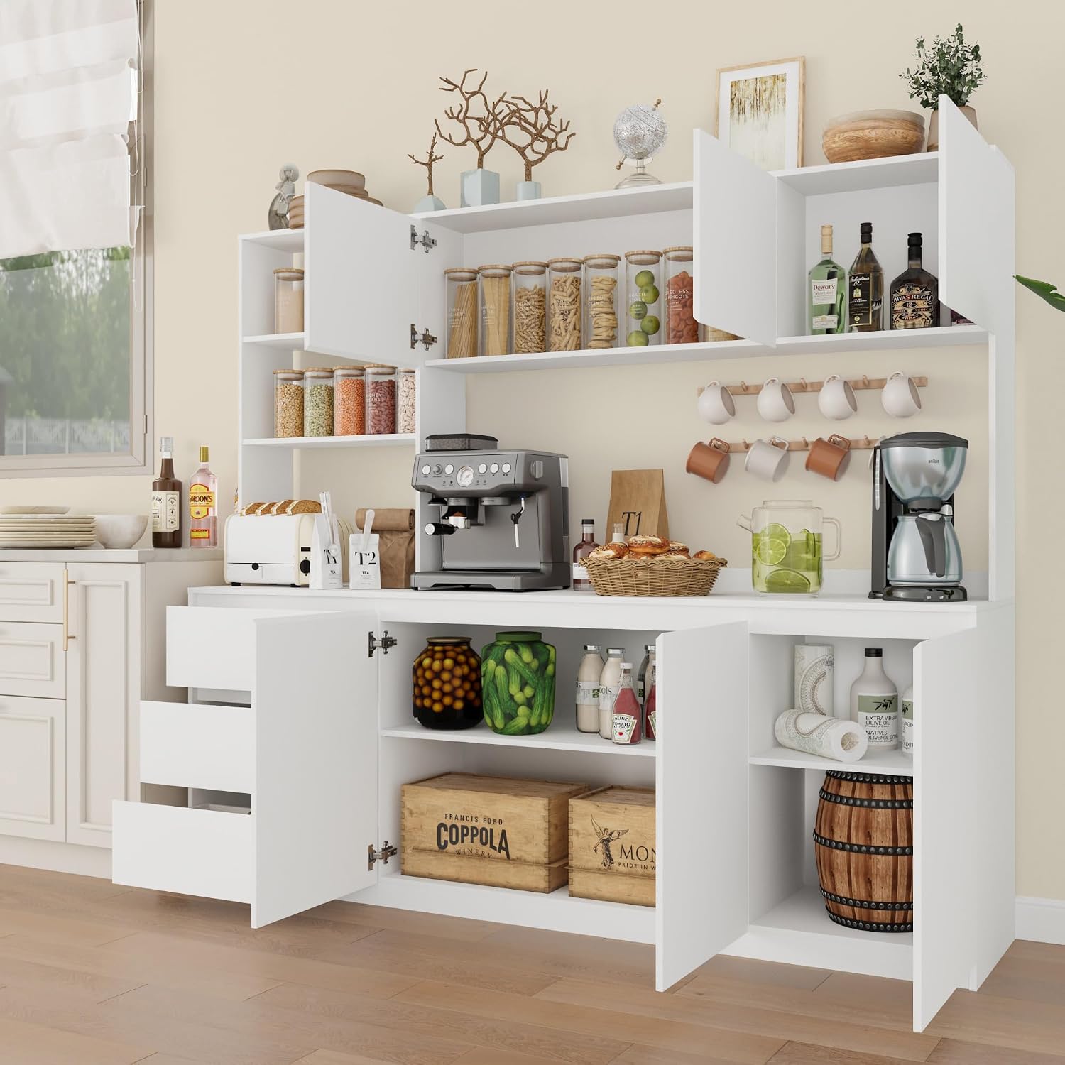 Bobve Large Kitchen Hutch Cabinet with Microwave Stand, Storage Cupboard Pantry with 3-Tier External Shelves and 3 Drawers, Ktichen Food Pantry with Open Countertop for Dining Room, White