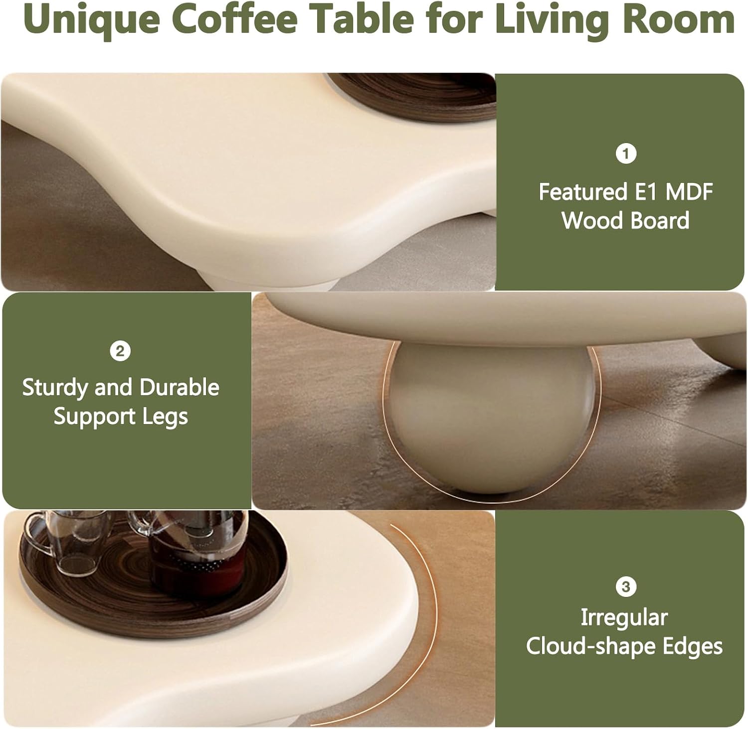 Cloud Coffee Table for Living Room with Round Corners Modern Style Center Table with 3 Ball-Shaped Legs Wood Tea Table for Small Space Apartment Easy Assembly (White W40 * D28 * H12inch)