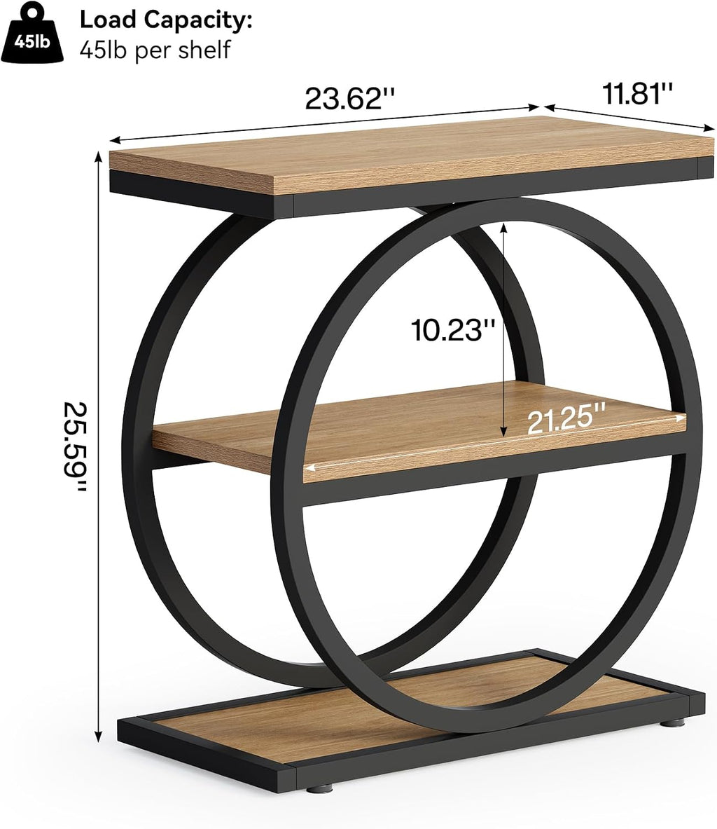 LITTLE TREE End Table Set 2, Side Table with 3-Tier Storage Shelves, Small Sofa Side Table for Living Room, Wooden Side End Table with Double Round Metal Legs, Slim Nightstand and Bedside Table, Oak