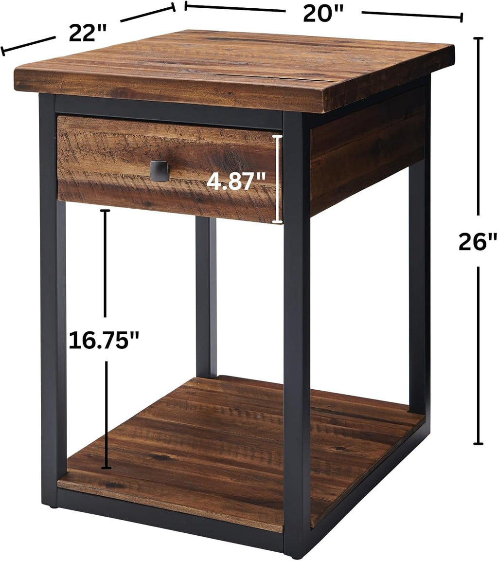 Claremont Rustic Solid Wood End Table with Drawer and Shelf – Farmhouse Accent or Nightstand with Natural Knots, Rough-Hewn Edges for Living Room or Bedroom by Alaterre Furniture (Dark Brown)