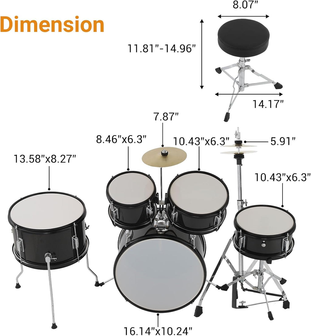 Drum Set for Children, 5 Drum Acoustic Drum Set, Metal and Wood Build, Black Finish, for Beginner Drummers, Rhythm Training and Home Music Setup