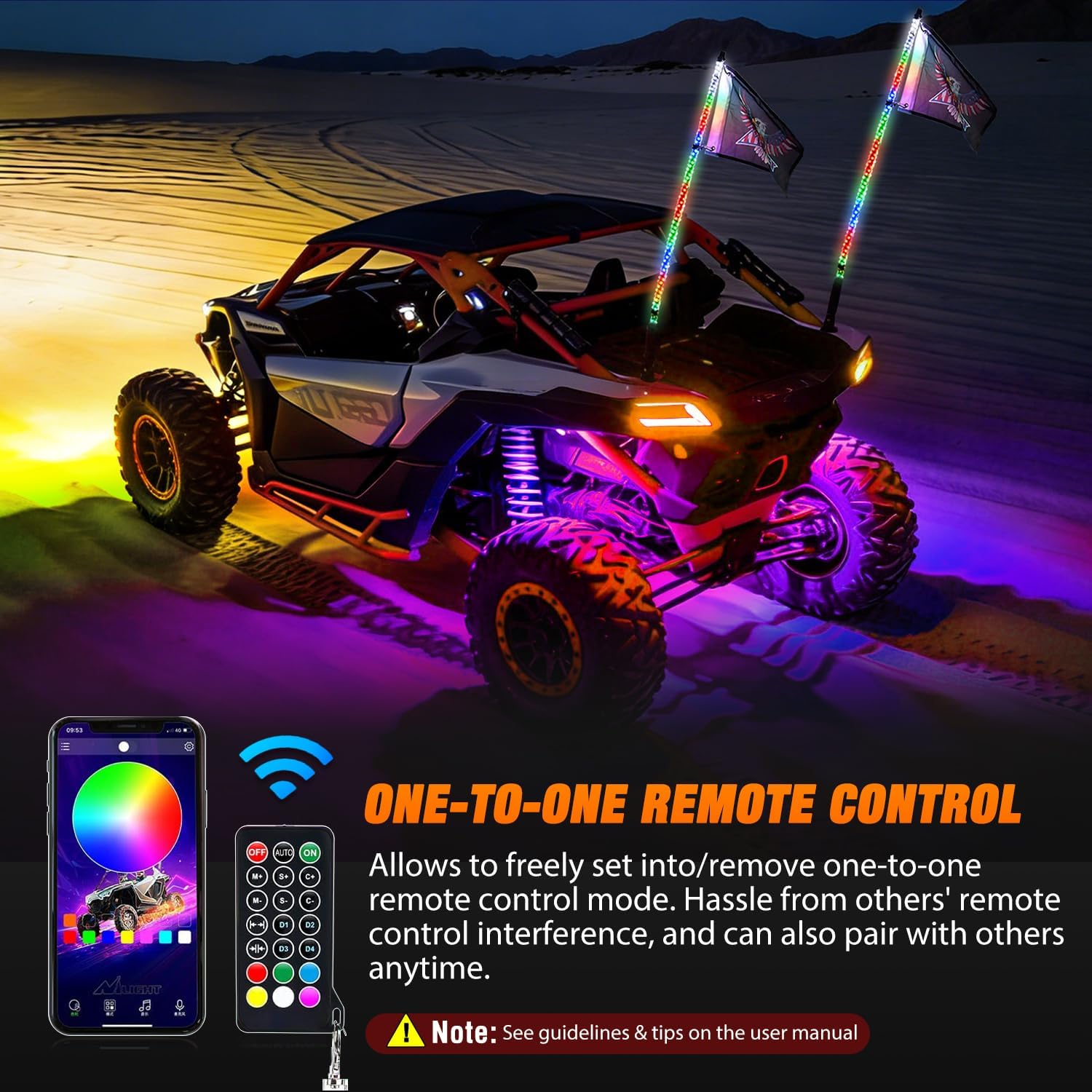 Nilight 2PCS 3FT RGB LED Whip Light with Spring Base and 6 PCS Rock Lights Combo, Remote App Control w/DIY Chasing Patterns Turn Signal Brake Reverse Antenna Lighted Whips for ATV UTV Polaris RZR Jeep