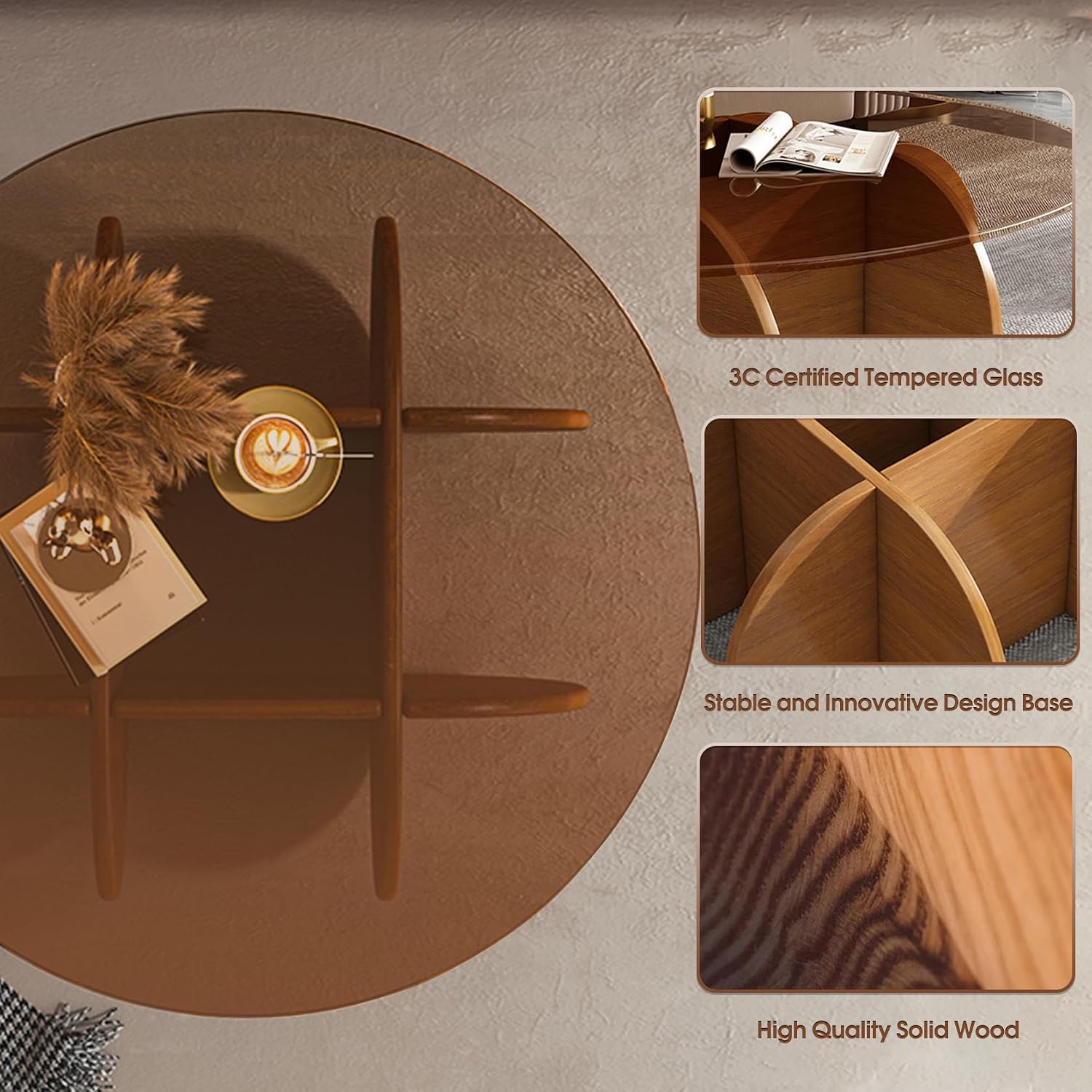 Modern Round Coffee Table with Solid Wood Legs,31.5'' Glass Coffee Tables for Living Room Rustic Circle Center Cocktail Table with Tempered Glass-Top,for Small Spaces, Unique | Modern
