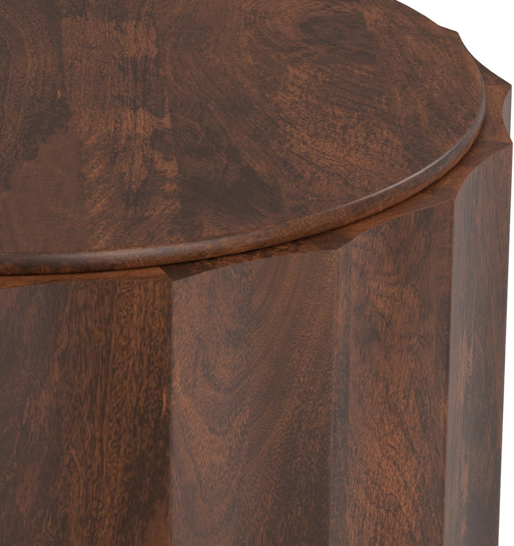 SIMPLIHOME Trenton Coffee Table - 32 inch Wide Solid Mango Wood Round Living Room Table in Walnut Brown, Contemporary Sculpted Drum Center Table for Family Room with Scalloped Edge, Assembled