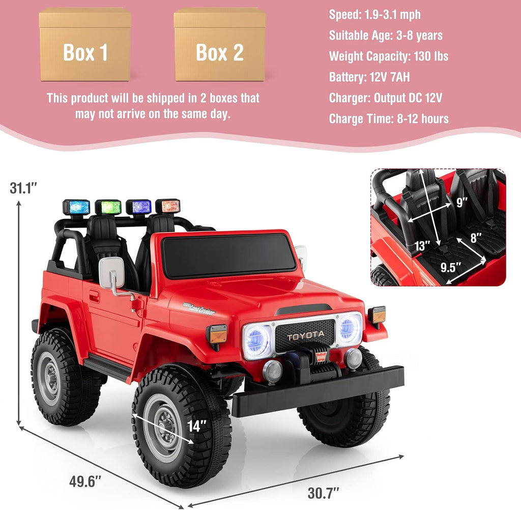 Costzon 2 Seater Ride on Car, 12V Licensed Toyota FJ40 Ride On Truck w/ 2.4G Remote Control, Spring Suspension, Storage Box, Colorful Lights, Music, USB Port & FM, Electric Car for Kids (Red)