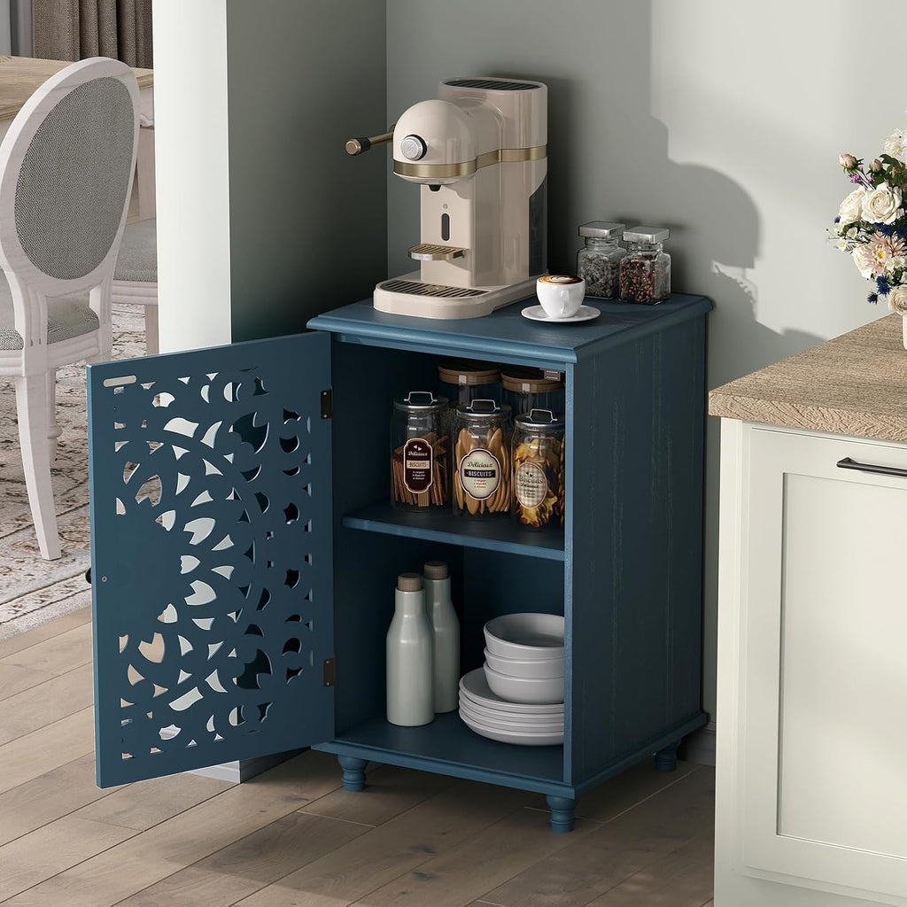 JOINICE End Table with Storage, 28' Tall Blue Side Table with Carved Door & Adjustable Shelf, Small Accent Cabinet with Solid Wood Legs for Living Room & Bedroom, Distressed Farmhouse Style