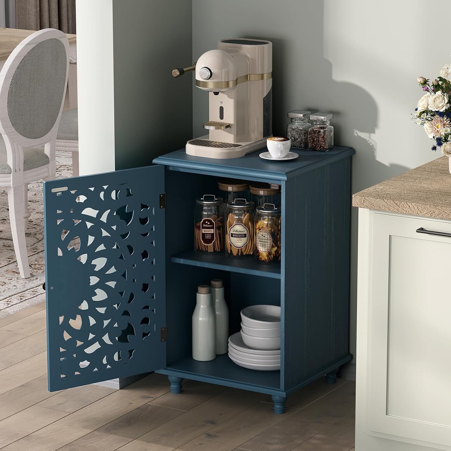 JOINICE End Table with Storage, 28' Tall Blue Side Table with Carved Door & Adjustable Shelf, Small Accent Cabinet with Solid Wood Legs for Living Room & Bedroom, Distressed Farmhouse Style