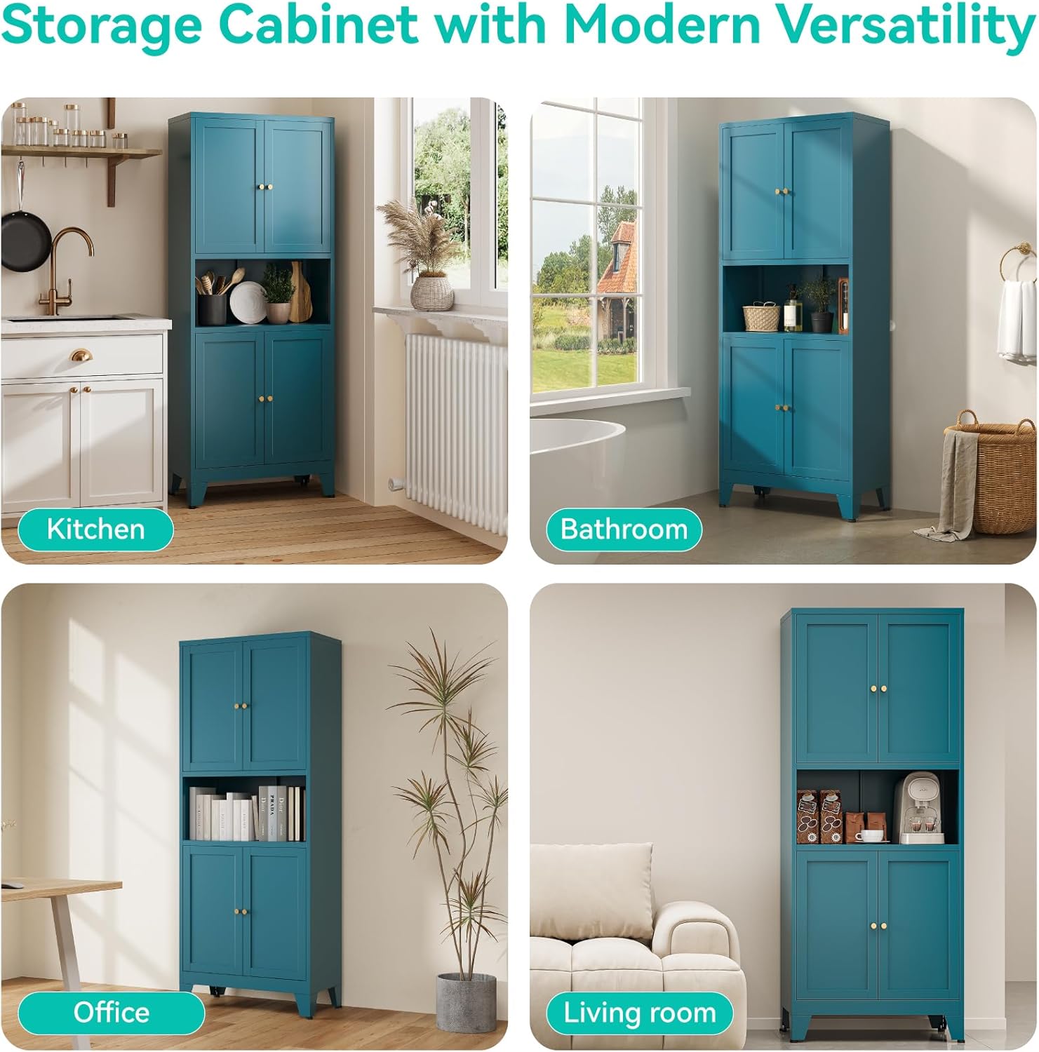 69' Tall Pantry Cabinet with Open Shelf,13.78'Deep By 28' Wide Storage Cabinet with Doors and Adjustable Shelves,Microwave Stand,for Kitchen Dining Room Living Room Bathroom,Teal Blue,1Pc