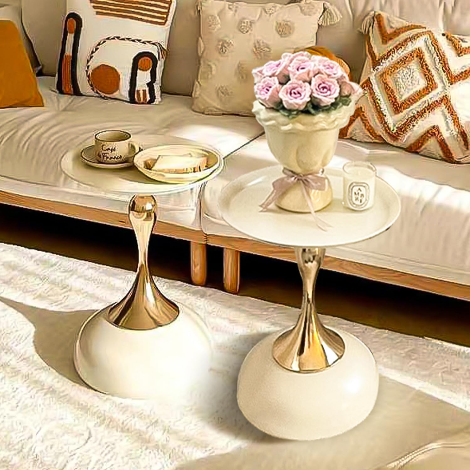 Elegant Modern Side Table - Featuring a Unique Hourglass Design, Ideal for use in Living Rooms, cafes, Dining Rooms, bedrooms, and Outdoors - a Fashionable Decoration (2, Off White)