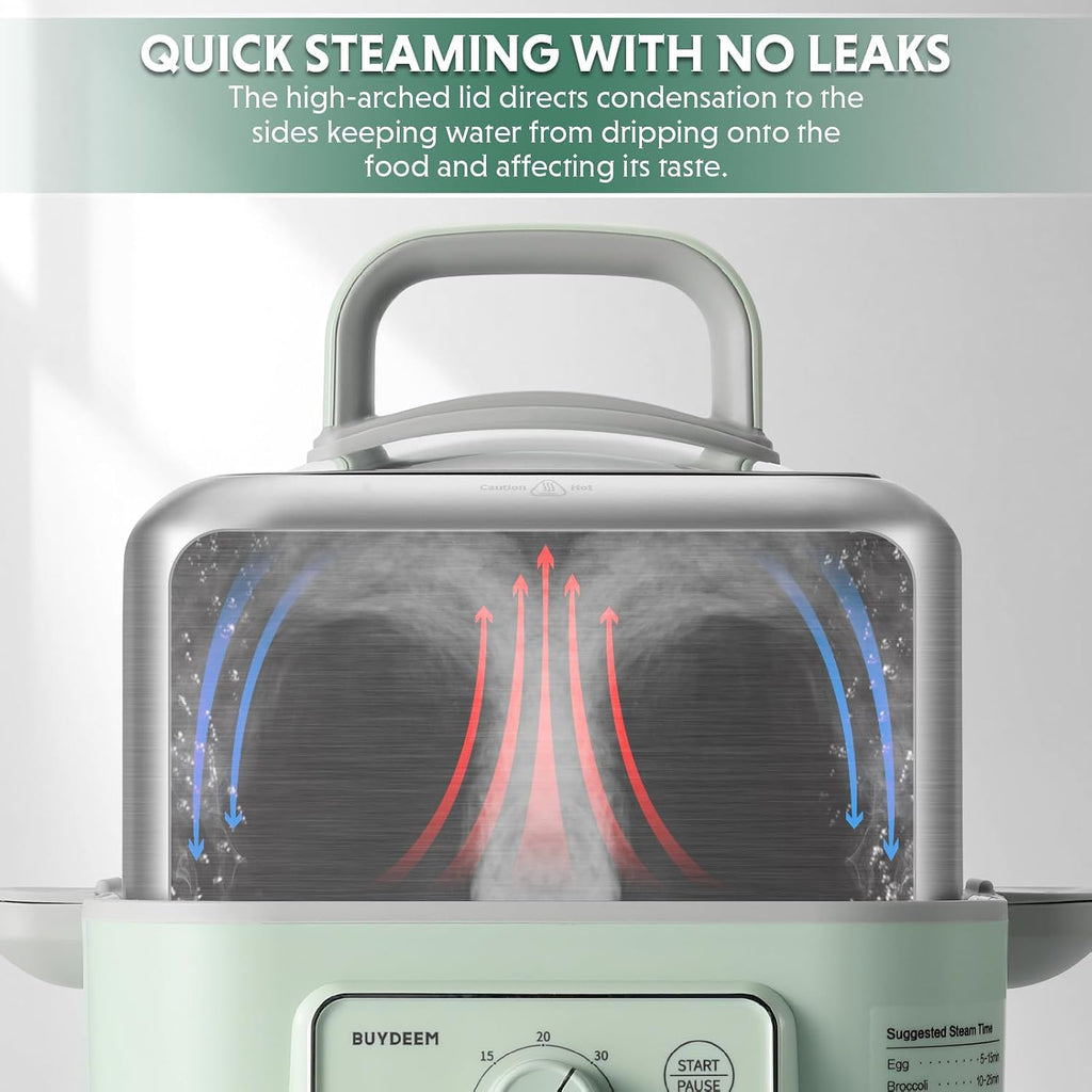 BUYDEEM G52 5.3 Quart Electric Food Steamer for 1-3 Servings, Vegetable Steamer for Cooking, 2-hour Keep Warm, 7 Preset Timings, Dual Boil-Dry Protection, Stainless Steel, Cozy Greenish