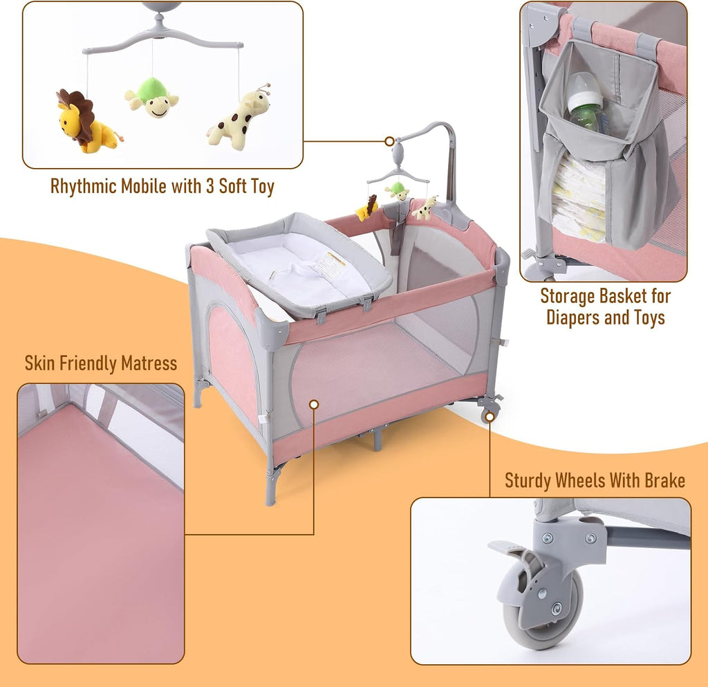 Jaoul 5 in 1 Baby Crib, Bassinet Beside Sleeper, Pack and Play with Bassinet and Changing Table Portable Travel Baby Playpen with Toys & Music Box, Mattress for Girl Boy Infant Newborn Pink