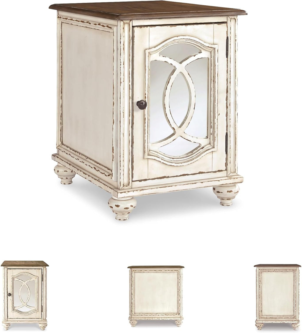 Signature Design by Ashley Realyn Farmhouse Chair Side End Table with Cabinet For Storage, Antique White & Brown