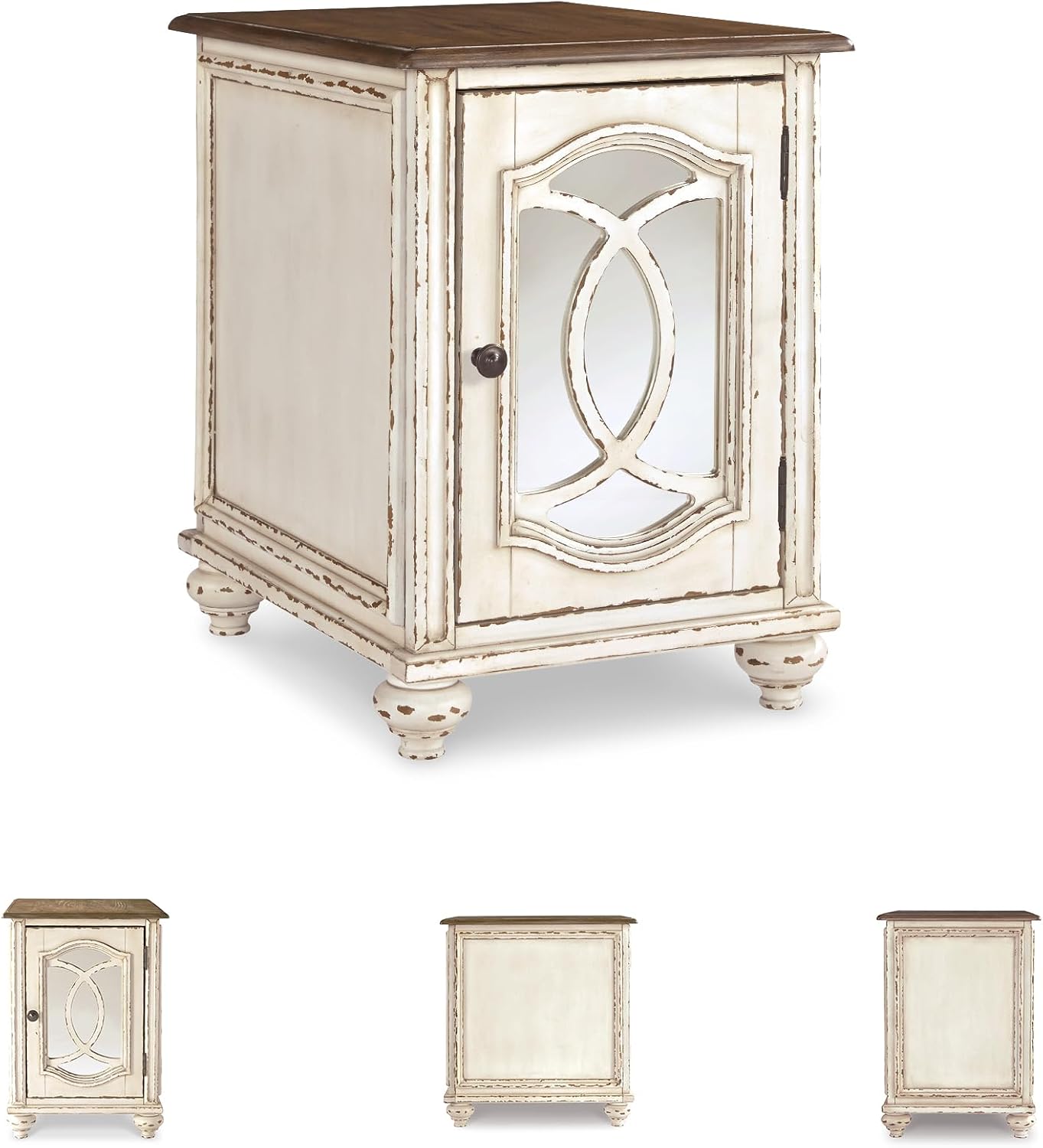 Signature Design by Ashley Realyn Farmhouse Chair Side End Table with Cabinet For Storage, Antique White & Brown