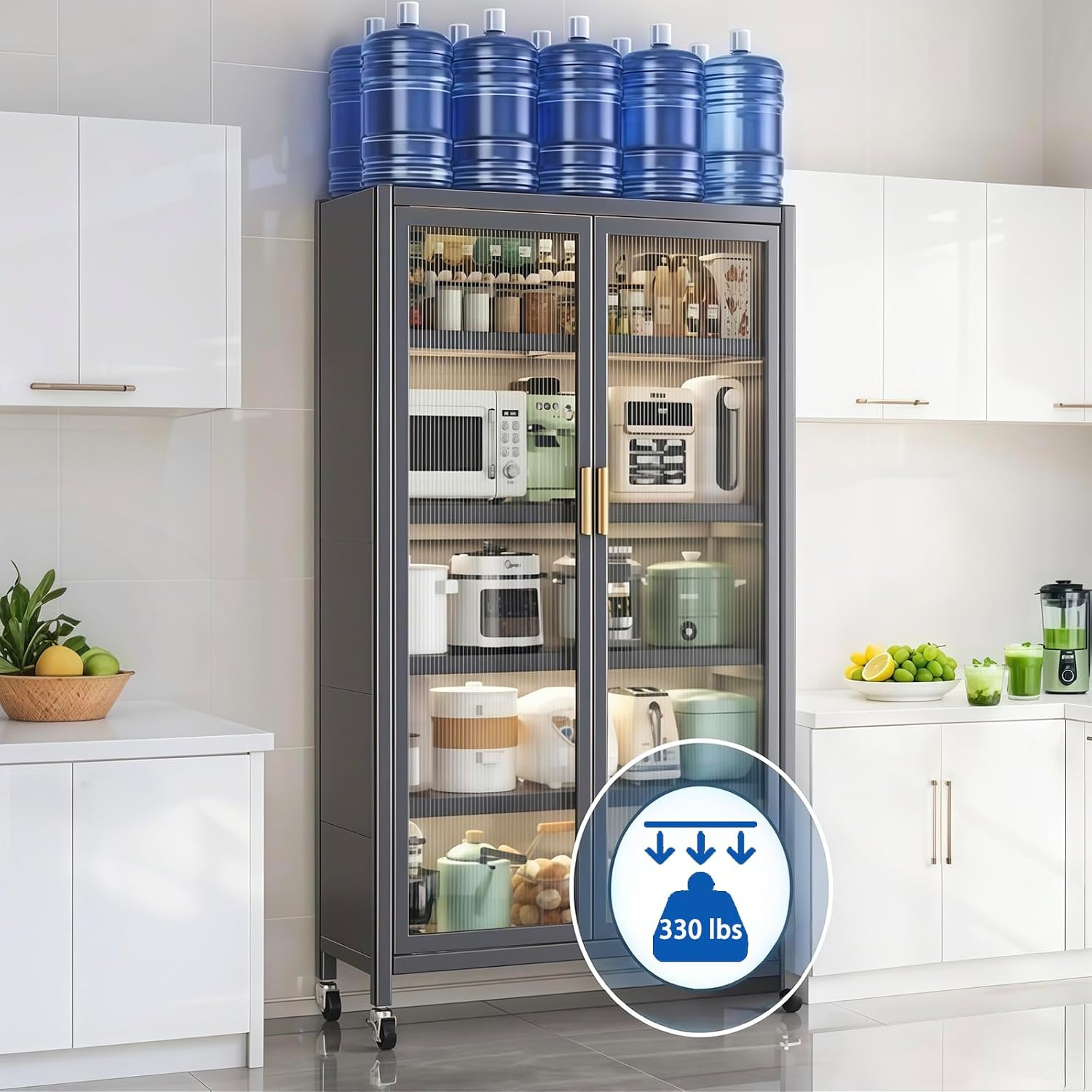 65' Kitchen Pantry Storage Cabinet, 6 Tier Metal Display Storage Cabinet with Transparent Door, Adjustable Shelves & Wheels, Food Pantries Cabinets, for Kitchen, Living Room