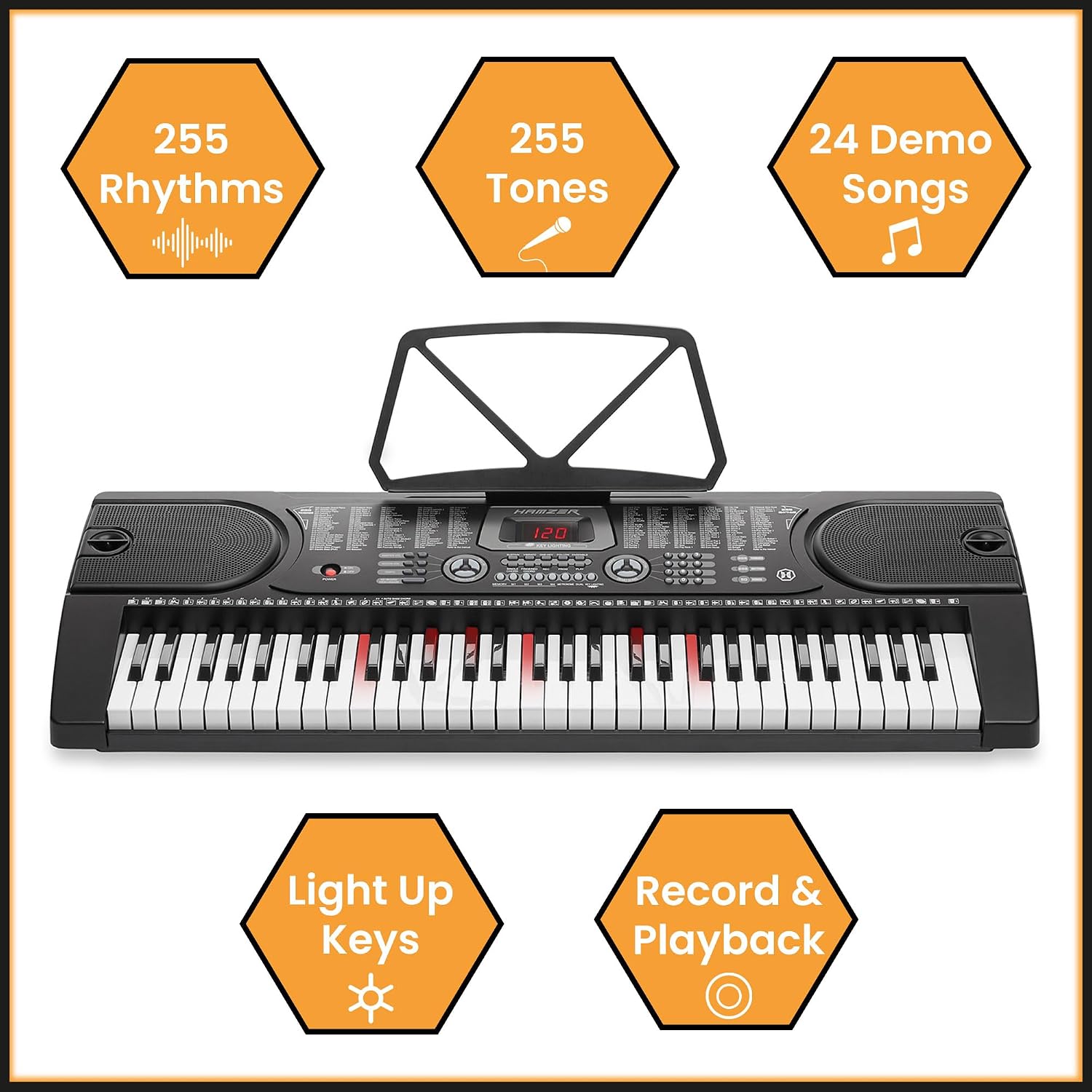Hamzer 61 Key Keyboard Piano with Lighted Keys, Beginner Electronic Piano Keyboard Set with Stand, Bench, Headphones, Microphone, Keynote Stickers