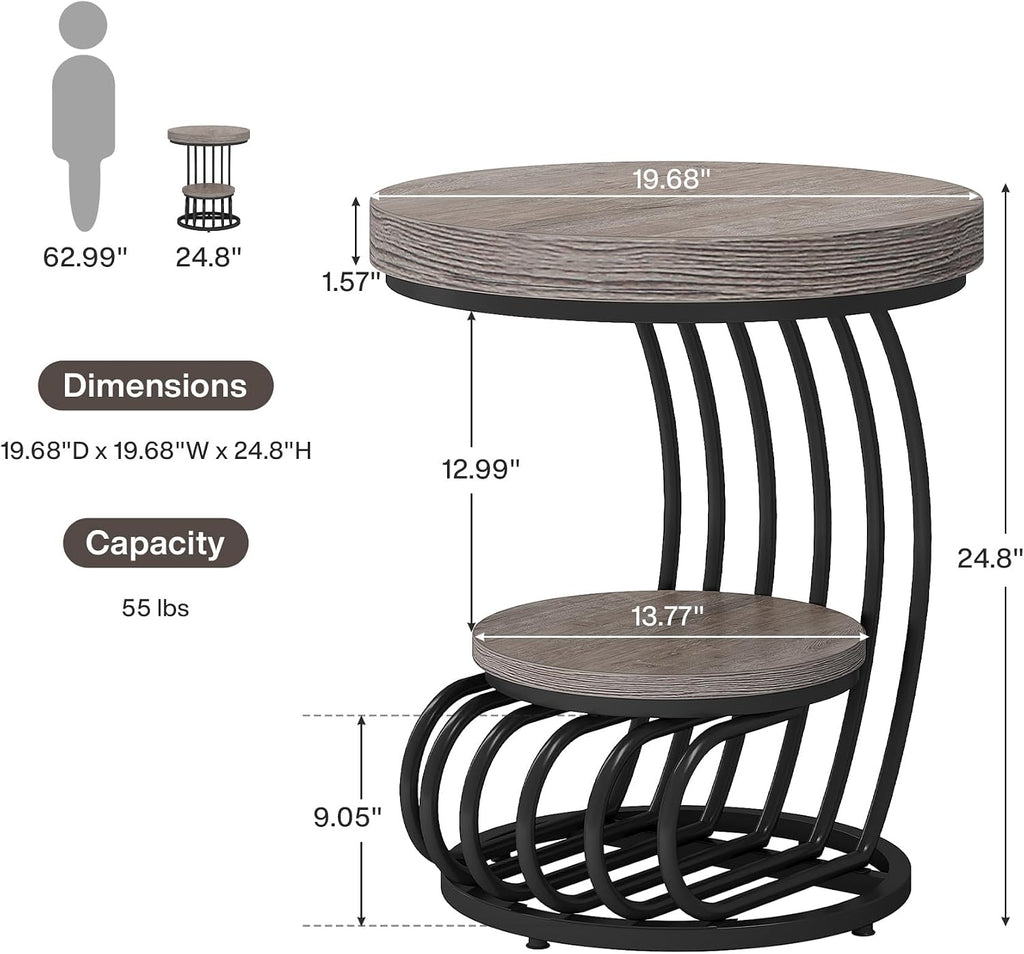 Tribesigns Round End Table Set of 2, 2-Tier Farmhose Wood Side Table with Shelf Storage, Small Sofa Side Bedside Nightstand, Accent Furniture for Living Room, Grey