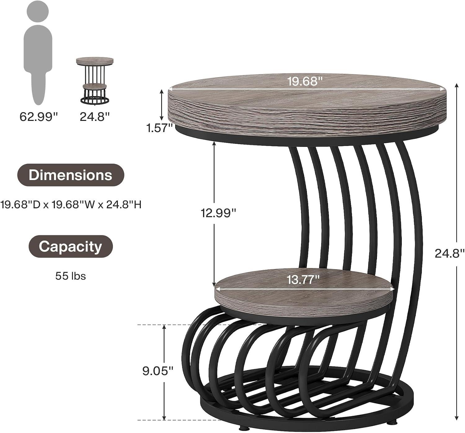 Tribesigns Round End Table Set of 2, 2-Tier Farmhose Wood Side Table with Shelf Storage, Small Sofa Side Bedside Nightstand, Accent Furniture for Living Room, Grey