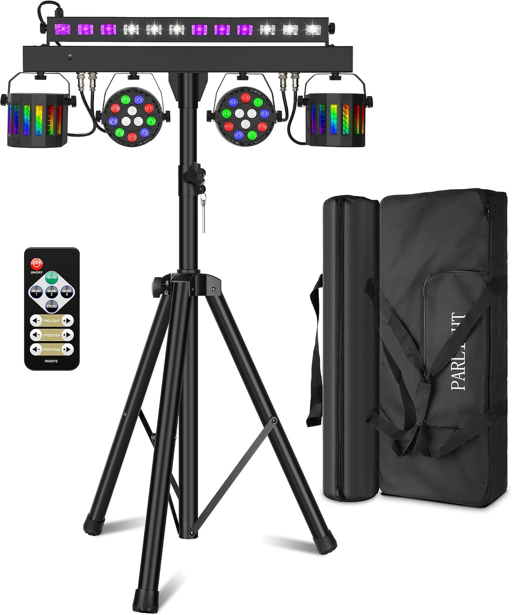 DJ Lights with Stand for Party | All-in-One LED Stage Lighting System for Weddings Club Gig Bar Band Disco Booth Live Show Events | Sound Activated & DMX512 | Portable 7FT Tripod