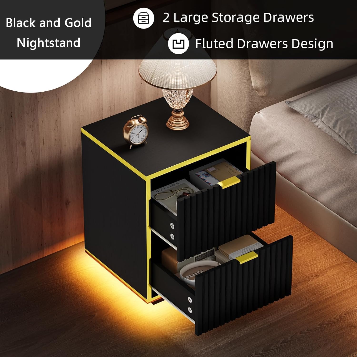 4ever2buy Black and Gold Nightstand Set of 2, Modern Bedside Table with LED Lights, End Table for Bedroom Living Room