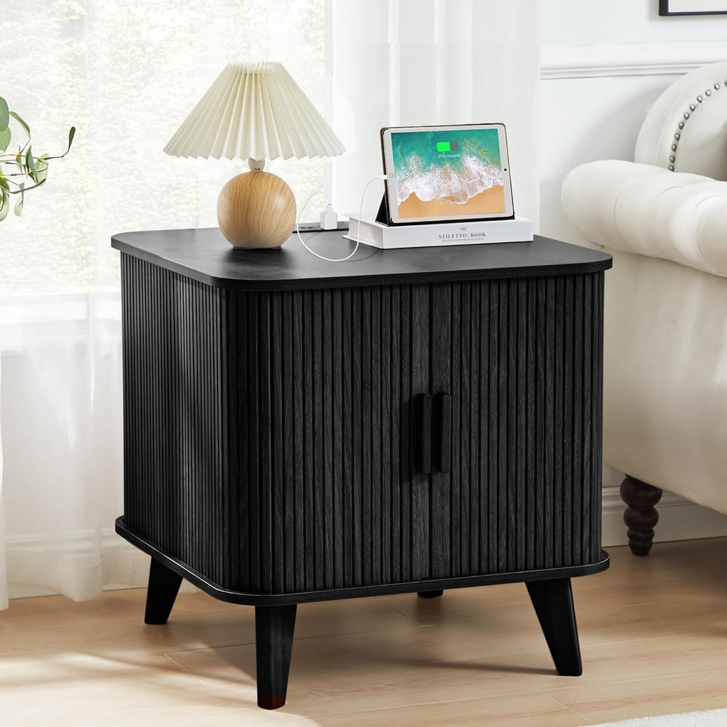 Farmhouse Square End Table with Charging Station, 24' Large Fluted Sofa Side Table with Sliding Tambour Door and Storage, Rustic Curved Wood Nightstand for Living Room, Bedroom, Black