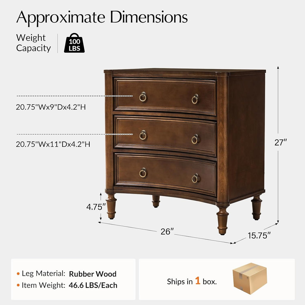HULALA HOME 3 Drawer End Table with Charging Station, 26' Wide Endtable with Solid Wood Legs and Curved Profile, Classic Side Table for Living Room, Walnut