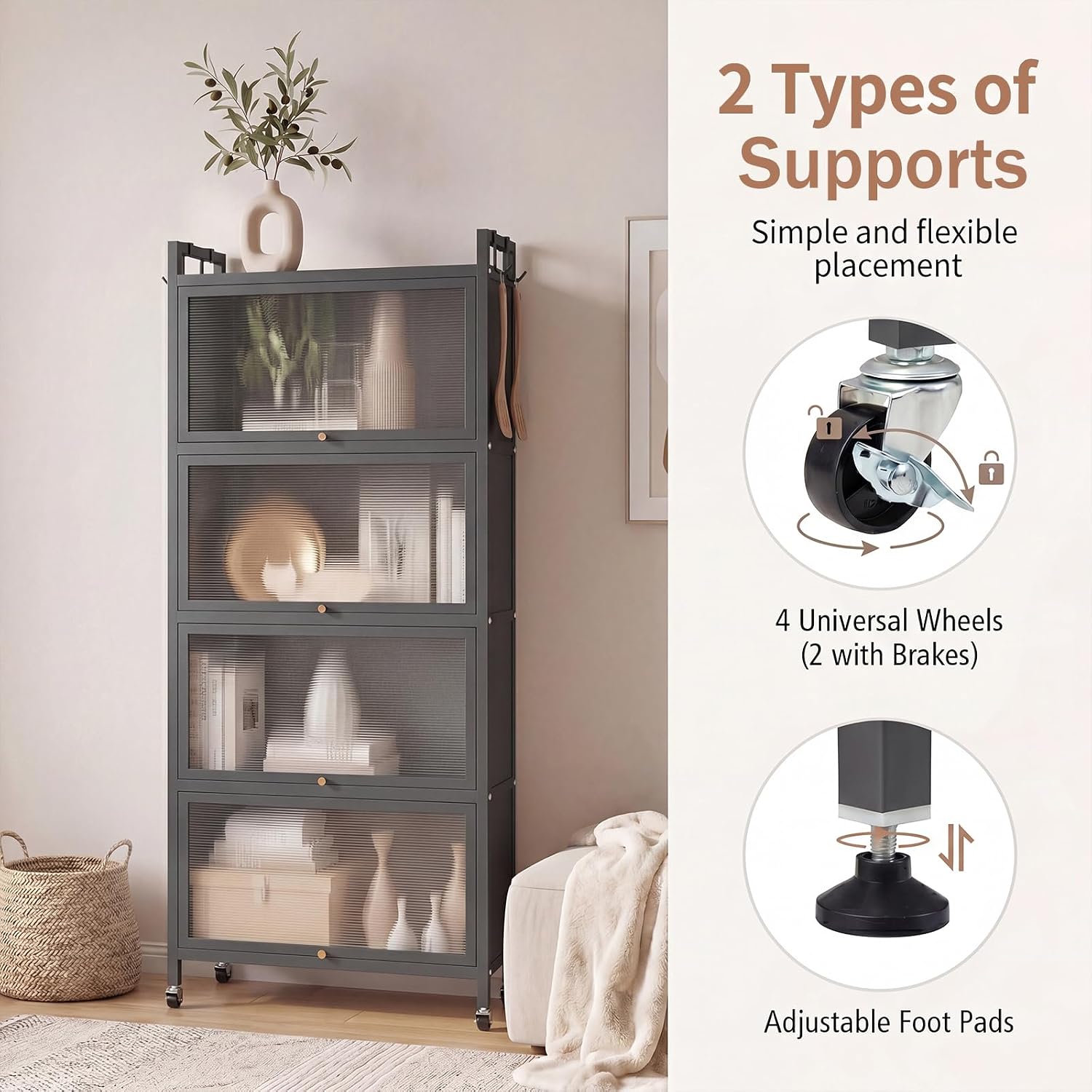 LOKO 5-Tier Kitchen Storage Cabinet,Freestanding Baker's Rack with 4 Rolling Casters, Mobile Microwave Stand with Double Anti-toppling Device, for Dining Room, Living Room and Study (Grey, 60.5' H)