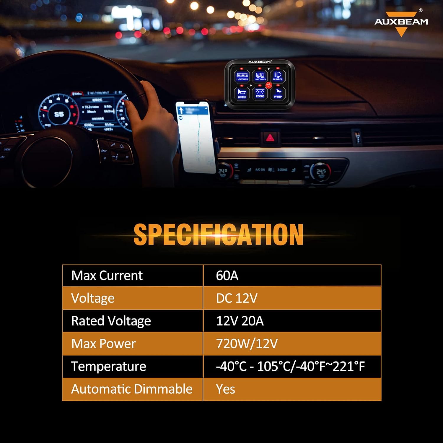 Auxbeam 6 Gang Switch Panel BC60, Universal Circuit Control Relay System Box with Automatic Dimmable On-Off LED Switch Pod Touch Switch Box for Car Pickup Truck UTV ATV Boat, 3 Years Warranty, Blue