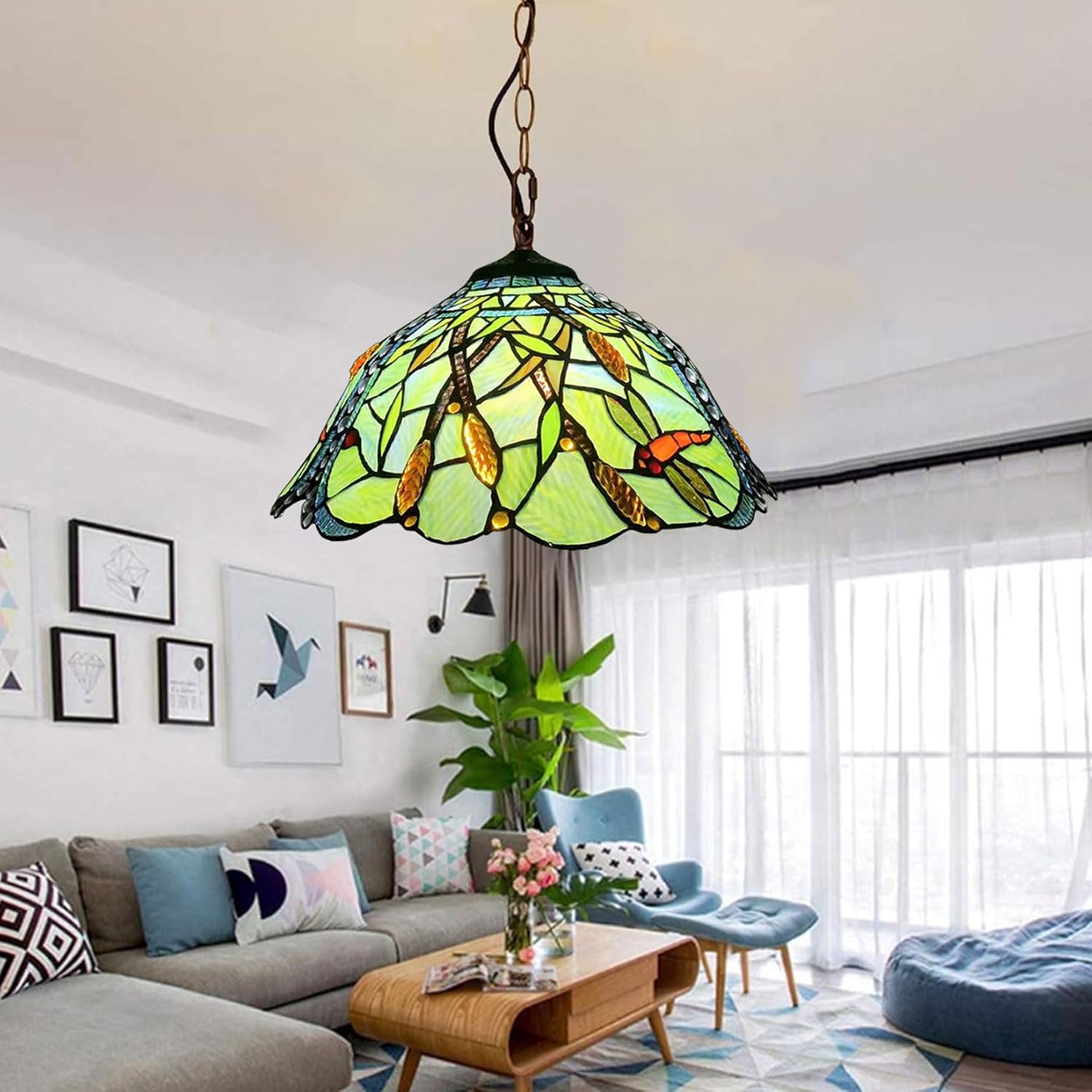 Tiffany Lamp Shade Replacement Only 16X9 Inch Dragonfly Stained Glass Lampshades, Vintage Victorian Green Light Cover for Table Lamp Floor Lamp Hanging Pendant lamp Ceiling Light