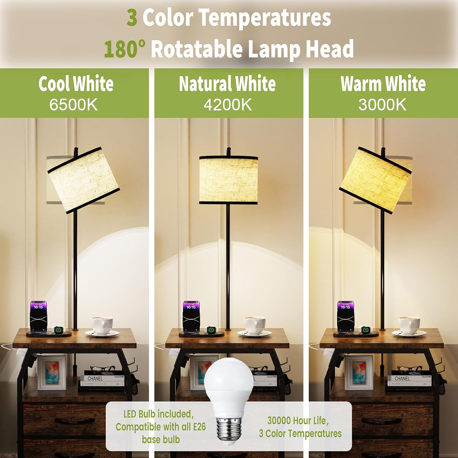 runjuly Floor Lamp with Table Set of 2, End Tables with Lamps Attached 3-Color Temperature Bulb, Side Table with Lamp with 3 Drawers & Charging, Lamps Tables Combo for Bedroom, Dorm - Rustic Brown