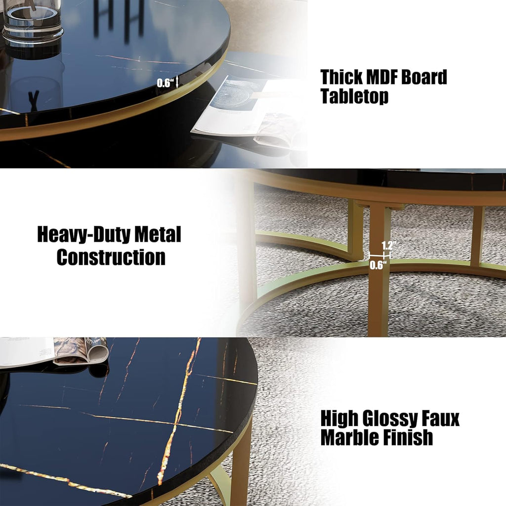 WiberWi Round Coffee Table Nesting Tables Set of 2, Large : Ø 34.0', Small : Ø 26.0', Modern Design Coffee Tables for Living Room, Gold Metal Frame Circle Cocktail Table, High Glossy Faux Black Marble
