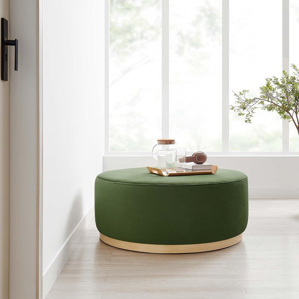 Modway Tilden 38 Inch Round Performance Velvet Upholstered Ottoman in Moss Green Natural - Round Ottoman Coffee Table for Living Room, Large Ottoman Foot Rest with Rubberwood Plinth Base