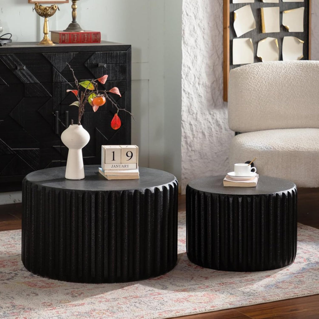 WILLIAMSPACE 46.46' Round Nesting Coffee Table Set of 2, Modern Circle Drum Center Tables Curved-Edge Shape Tea Table for Living Room, No Assembly (Black)
