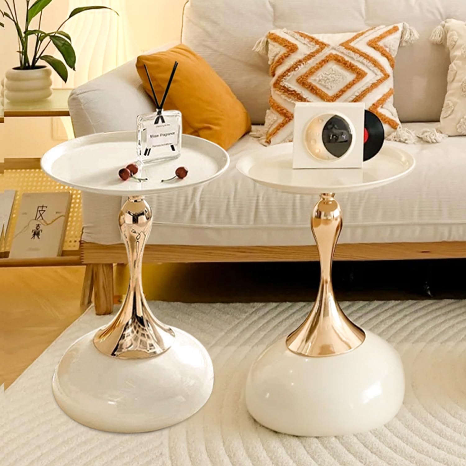Elegant Modern Side Table - Featuring a Unique Hourglass Design, Ideal for use in Living Rooms, cafes, Dining Rooms, bedrooms, and Outdoors - a Fashionable Decoration (2, Off White)