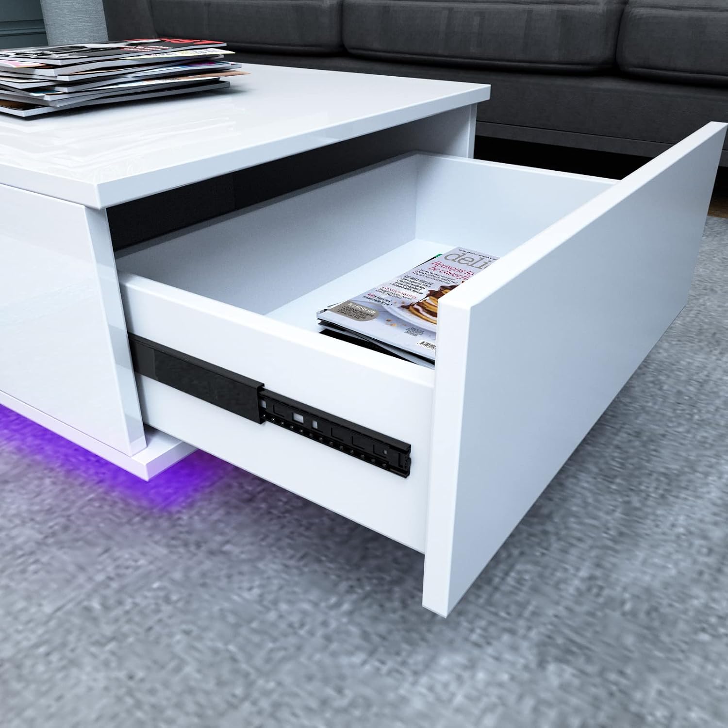 COSVALVE Modern White LED Coffee Tables for Living Room with Drawer & 16-Color LED Lights, Rectangle Living Room Sofa Table with Ample Storage Space(23.6' D x 43.3' W x 15.7' H)